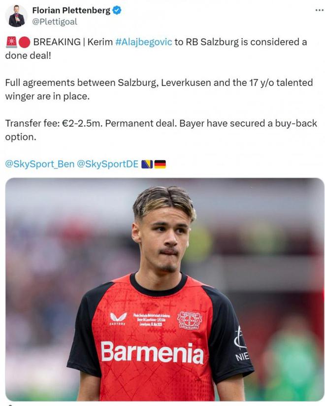 記者：藥廠阿拉貝戈維奇加盟薩爾茨堡，轉會費200-250萬歐。