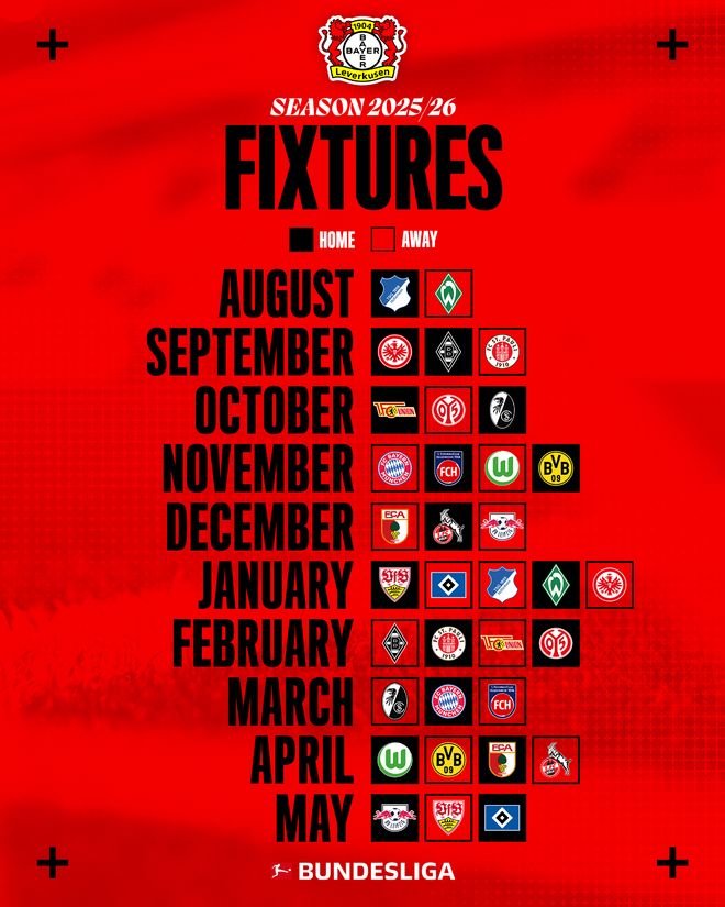 勒庫森新季賽程：首戰霍芬海姆，終戰漢堡。