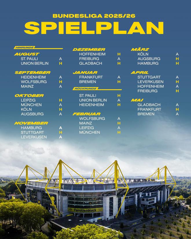 多特賽程：第7輪德比戰，第12輪客戰藥廠。