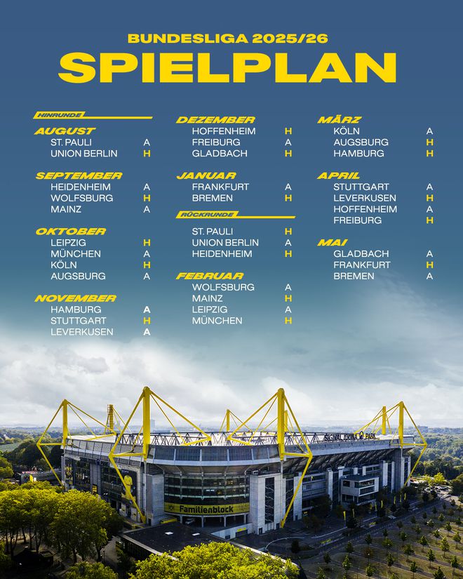 多特賽程：10月、2月拜仁戰，客場與主場對決